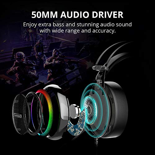 Tronsmart Auriculares Gaming Sonido Envolvente 7.1-Drivers de Transductores 50mm-Profesional con Micrófono Diadema-Cancelación de Ruido-Glary-Cascos Gaming-Función Mute y Luces LED,PC&PS4 gamer