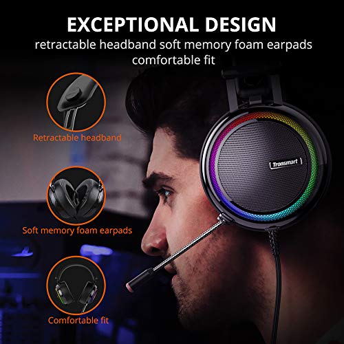 Tronsmart Auriculares Gaming Sonido Envolvente 7.1-Drivers de Transductores 50mm-Profesional con Micrófono Diadema-Cancelación de Ruido-Glary-Cascos Gaming-Función Mute y Luces LED,PC&PS4 gamer