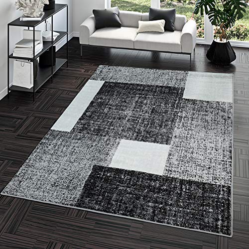 TT Home Alfombra Pelo Corto Económica Fácil Jaspeada Cuadros Blanco Gris Antracita, Größe:80x150 cm