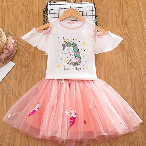 TTYAOVO Conjunto de Ropa para Niñas, Camiseta Unicornio Tops de Niña con Vestido de Fiesta de Cumpleaños de Princesa de 3-4 años(Talla110) 616 Blanco