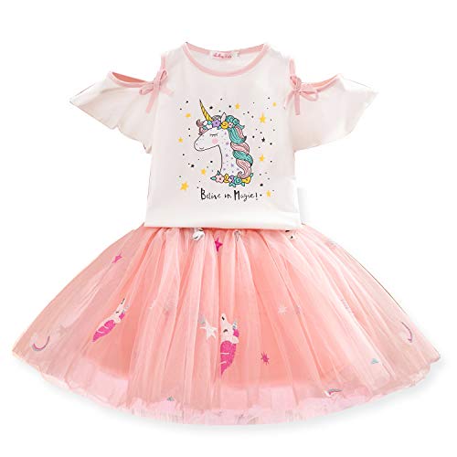 TTYAOVO Conjunto de Ropa para Niñas, Camiseta Unicornio Tops de Niña con Vestido de Fiesta de Cumpleaños de Princesa de 3-4 años(Talla110) 616 Blanco