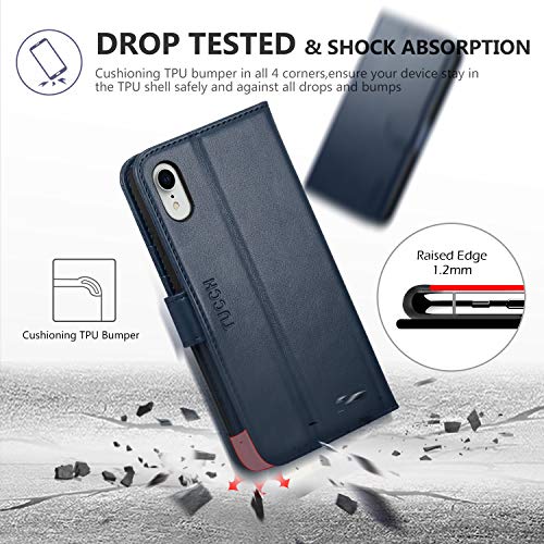 TUCCH Funda iPhone XR, Funda de Cuero PU iPhone XR con Bloqueo RFID, Cáscara de TPU, Soporte Plegable, Ranura para Tarjeta, Cierre Magnético,Funda Protectora para iPhone XR (6.1 Pulgadas),Azul Oscuro