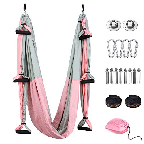 Tumax Columpio de Yoga Aéreo, Aerial - Hamaca de Yoga Carga de 225 kg, Juego de Hamaca de Yoga con Accesorios, Yoga Swing Set Rosado&Gris, Yoga aéreo Hamaca Swing Yoga Trapecio Plano para Pilates