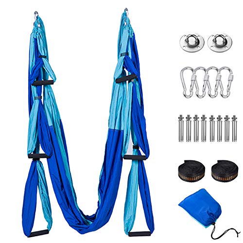 Tumax Columpio de Yoga Aéreo, Hamaca Yoga Antigravedad Carga de 225 kg, Juego de Hamaca de Yoga con Todos los Accesorios, Columpio Trapecio Set Azul, Fitness Yoga Hamaca Yoga Swing Set