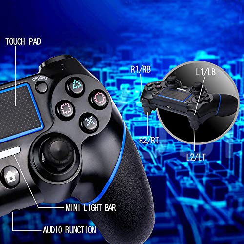 TUTUO Mando Inalambrico para PS4, Gamepad Wireless Bluetooth Controlador Joystick con Vibración Doble/Puerto de Audio Remoto/Pantalla LED, Mando inalámbrico para Playstation 4/Pro/Slim/PC(Azul)