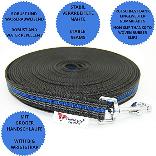 Twinkys Dog Style Made IN Germany Correa DE ADIESTRAMIENTO engomado 20 mm de Ancho para Perros de hasta 50 Kilos - Tiene ASA 15 Metros Azul Negro Twinkys Dog Style Made IN Germany Correa DE ADIESTRAMIENTO engomado 20 mm de Ancho para Perros de hasta 50 Kilos - Tiene ASA 15 Metros Azul Negro