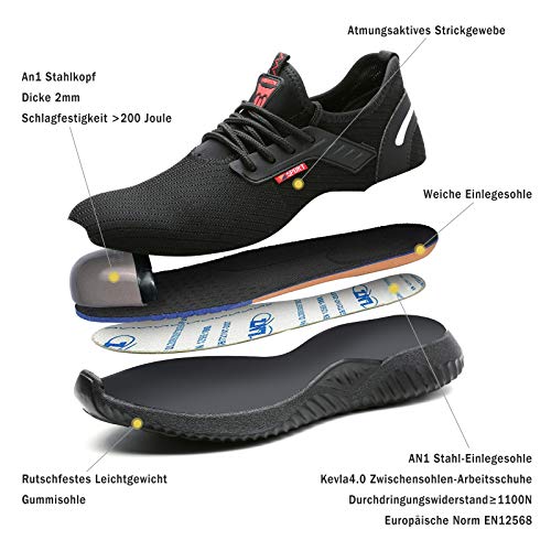 UCAYALI Zapatos Seguridad Mujer Calzado de Trabajo Transpirable Zapatos de Protección Antideslizante Anti Pinchazo Zapatos de Industria y Construcción Negro Oscuro Gr.36