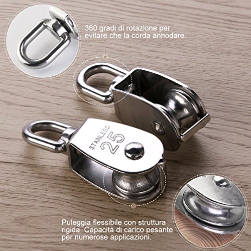 Ueetek - 2 poleas monobloque de acero inoxidable 304, M25, 25 mm, polea con rodillo de carga, 400 kg, color plateado Ueetek - 2 poleas monobloque de acero inoxidable 304, M25, 25 mm, polea con rodillo de carga, 400 kg, color plateado