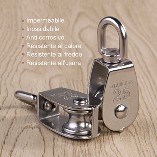 Ueetek - 2 poleas monobloque de acero inoxidable 304, M25, 25 mm, polea con rodillo de carga, 400 kg, color plateado Ueetek - 2 poleas monobloque de acero inoxidable 304, M25, 25 mm, polea con rodillo de carga, 400 kg, color plateado