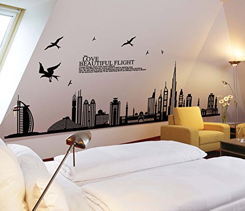 ufengke® - Adhesivo negro para pared con silueta de ciudad, paisaje urbano, rascacielos para decoración mural de dormitorio, sala de estar, extraíbles ufengke® - Adhesivo negro para pared con silueta de ciudad, paisaje urbano, rascacielos para decoración mural de dormitorio, sala de estar, extraíbles