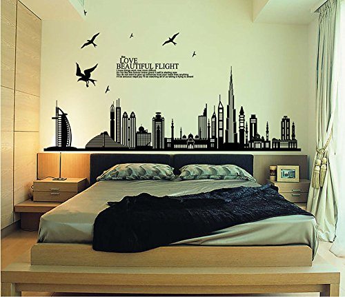 ufengke® - Adhesivo negro para pared con silueta de ciudad, paisaje urbano, rascacielos para decoración mural de dormitorio, sala de estar, extraíbles