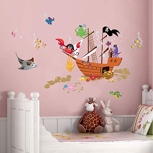 ufengke Pegatinas de Pared Barco Pirata Animales Vinilos Adhesivas Pared Cangrejo Pulpo Burbujas para Dormitorio Habitación Infantiles Niños Sala de Estar