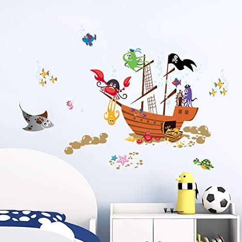 ufengke Pegatinas de Pared Barco Pirata Animales Vinilos Adhesivas Pared Cangrejo Pulpo Burbujas para Dormitorio Habitación Infantiles Niños Sala de Estar