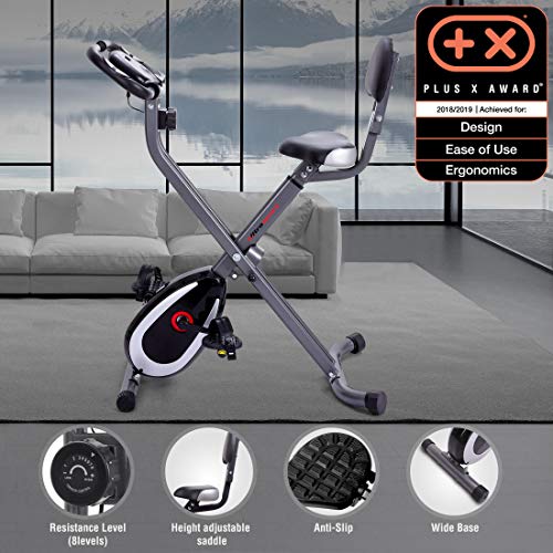 Ultrasport Bicicleta de ejercicio Unisex F-Bike, pantalla LCD, entrenador casero plegable, optativo, con respaldo, niveles de resistencia ajustables, con sensores de pulso de mano