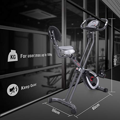 Ultrasport Bicicleta de ejercicio Unisex F-Bike, pantalla LCD, entrenador casero plegable, optativo, con respaldo, niveles de resistencia ajustables, con sensores de pulso de mano