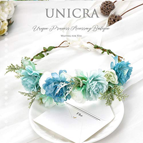 Unicra Corona diadema guirnalda de flores, guirnalda para el pelo, guirnalda de flores, accesorios para el cabello con cinta, regalo para mujeres y niñas (azul)