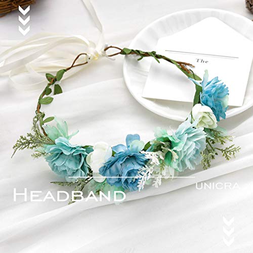 Unicra Corona diadema guirnalda de flores, guirnalda para el pelo, guirnalda de flores, accesorios para el cabello con cinta, regalo para mujeres y niñas (azul)