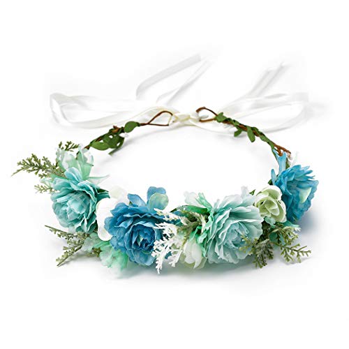 Unicra Corona diadema guirnalda de flores, guirnalda para el pelo, guirnalda de flores, accesorios para el cabello con cinta, regalo para mujeres y niñas (azul)