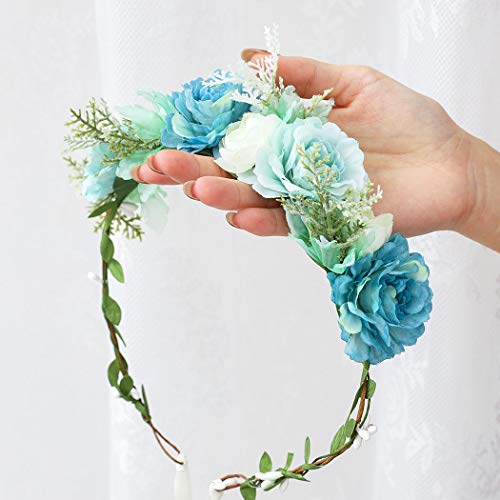 Unicra Corona diadema guirnalda de flores, guirnalda para el pelo, guirnalda de flores, accesorios para el cabello con cinta, regalo para mujeres y niñas (azul)