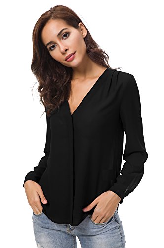 Urban GoCo Blusa de Gasa con Escote en V Mangas Largas y el Dobladillo en el Hombro para Mujeres (XL, Negro)