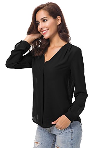 Urban GoCo Blusa de Gasa con Escote en V Mangas Largas y el Dobladillo en el Hombro para Mujeres (XL, Negro)