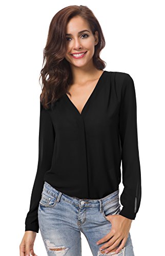 Urban GoCo Blusa de Gasa con Escote en V Mangas Largas y el Dobladillo en el Hombro para Mujeres (XL, Negro)