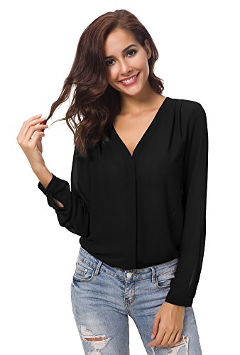 Urban GoCo Blusa de Gasa con Escote en V Mangas Largas y el Dobladillo en el Hombro para Mujeres (XL, Negro)