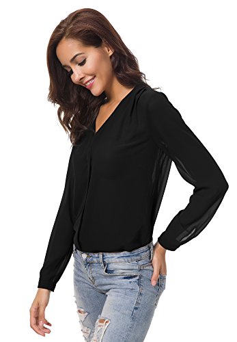 Urban GoCo Blusa de Gasa con Escote en V Mangas Largas y el Dobladillo en el Hombro para Mujeres (XL, Negro)