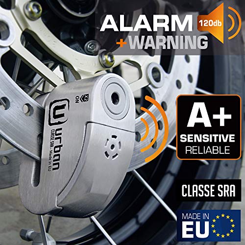 Urban Security UR14S candado antirrobo Disco con Alarma 120dba + Warning, Alta Seguridad Homologado CLASSE Sra, Eje 14 mm, Acero Inoxidable, Made in EU