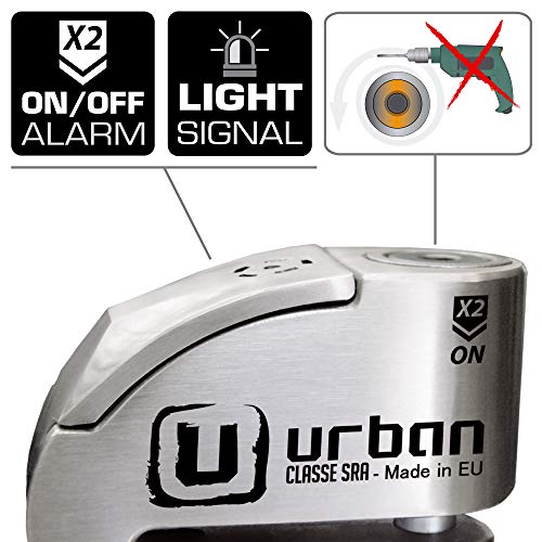 Urban Security UR14S candado antirrobo Disco con Alarma 120dba + Warning, Alta Seguridad Homologado CLASSE Sra, Eje 14 mm, Acero Inoxidable, Made in EU