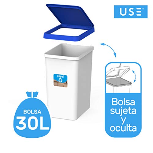 USE FAMILY Papeleras Recycle - Cubos Basura Reciclaje para hogar 28L- Plastico Reciclable- Apto bolsas 30 L