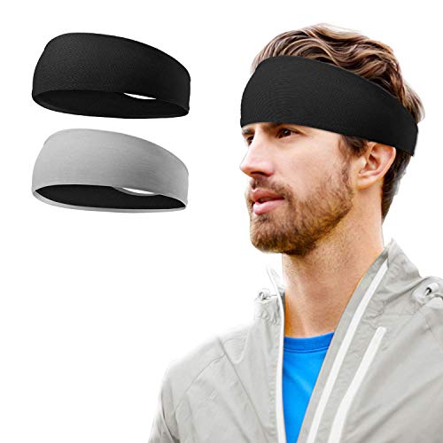 UTOMAG Bandas para la Cabeza Deportivas para Hombre, Elástica Sudor Absorbente de Humedad Banda de ala Ancha para Yoga, Correr, Ciclismo, Cross y Casco de Bicicleta (2 Piezas - Negro, Gris)