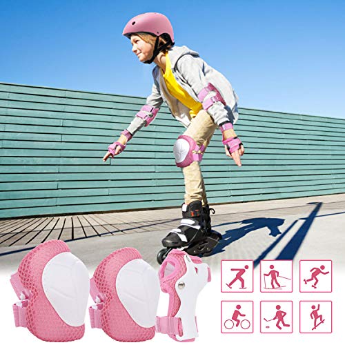 ValueTalks Protección Patinaje, Protección Infantil Consta de Casco Ajustable Rodilleras Coderas, Patinaje Ciclismo Monopatín y Deportes Extremos（Rosa