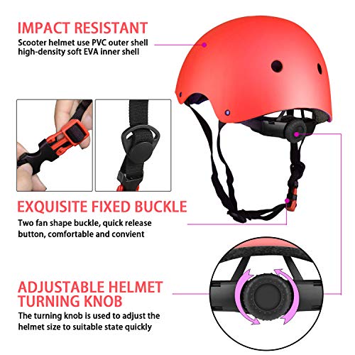 ValueTalks Protección Patinaje, Protección Infantil Consta de Casco Ajustable Rodilleras Coderas, Patinaje Ciclismo Monopatín y Deportes Extremos(Rosa) (Rojo)