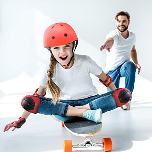 ValueTalks Protección Patinaje, Protección Infantil Consta de Casco Ajustable Rodilleras Coderas, Patinaje Ciclismo Monopatín y Deportes Extremos(Rosa) (Rojo)