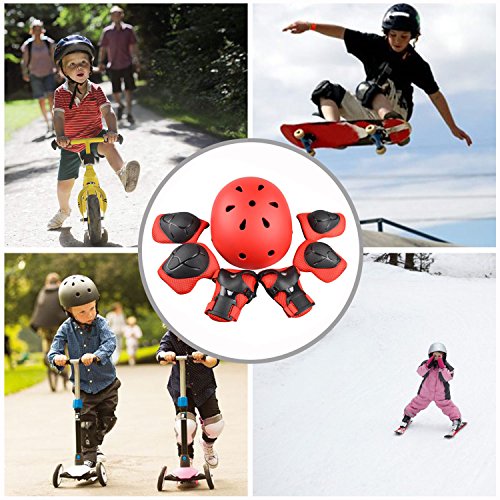 ValueTalks Protección Patinaje, Protección Infantil Consta de Casco Ajustable Rodilleras Coderas, Patinaje Ciclismo Monopatín y Deportes Extremos(Rosa) (Rojo)