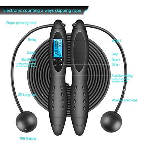 VANWALK Cuerda para Saltar Ajustable/Combas Inalámbrica Digital con Contador de Calorías para Ejercicios y Fitness