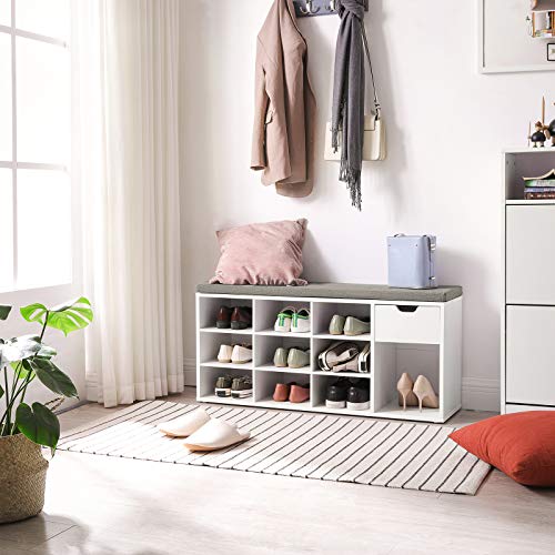 VASAGLE Banco para Zapatos, Almacenamiento con Cajón y Compartimentos Abiertos, Estante para Zapatos, Asiento Acolchado, para la Entrada del Pasillo del Dormitorio, 104 x 30 x 48 cm, Blanco LHS24WT VASAGLE Banco para Zapatos, Almacenamiento con Cajón y Compartimentos Abiertos, Estante para Zapatos, Asiento Acolchado, para la Entrada del Pasillo del Dormitorio, 104 x 30 x 48 cm, Blanco LHS24WT
