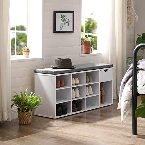 VASAGLE Banco para Zapatos, Almacenamiento con Cajón y Compartimentos Abiertos, Estante para Zapatos, Asiento Acolchado, para la Entrada del Pasillo del Dormitorio, 104 x 30 x 48 cm, Blanco LHS24WT VASAGLE Banco para Zapatos, Almacenamiento con Cajón y Compartimentos Abiertos, Estante para Zapatos, Asiento Acolchado, para la Entrada del Pasillo del Dormitorio, 104 x 30 x 48 cm, Blanco LHS24WT