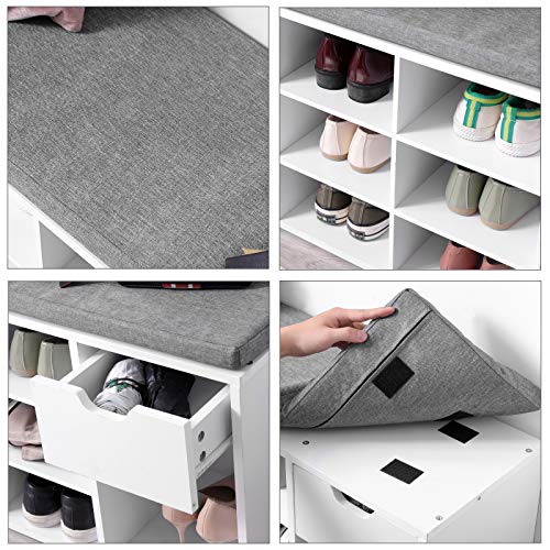VASAGLE Banco para Zapatos, Almacenamiento con Cajón y Compartimentos Abiertos, Estante para Zapatos, Asiento Acolchado, para la Entrada del Pasillo del Dormitorio, 104 x 30 x 48 cm, Blanco LHS24WT VASAGLE Banco para Zapatos, Almacenamiento con Cajón y Compartimentos Abiertos, Estante para Zapatos, Asiento Acolchado, para la Entrada del Pasillo del Dormitorio, 104 x 30 x 48 cm, Blanco LHS24WT