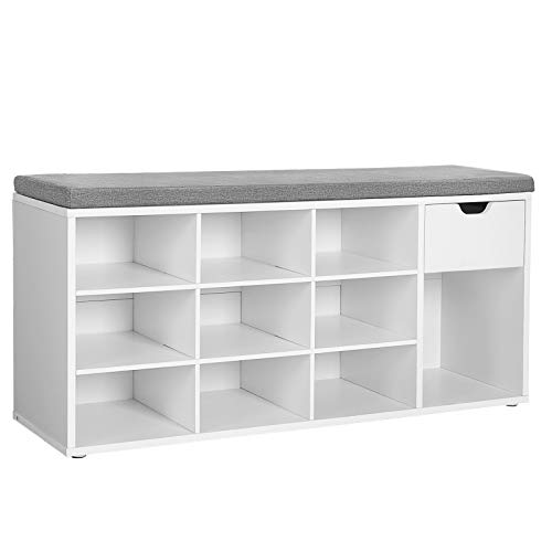 VASAGLE Banco para Zapatos, Almacenamiento con Cajón y Compartimentos Abiertos, Estante para Zapatos, Asiento Acolchado, para la Entrada del Pasillo del Dormitorio, 104 x 30 x 48 cm, Blanco LHS24WT VASAGLE Banco para Zapatos, Almacenamiento con Cajón y Compartimentos Abiertos, Estante para Zapatos, Asiento Acolchado, para la Entrada del Pasillo del Dormitorio, 104 x 30 x 48 cm, Blanco LHS24WT