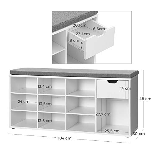 VASAGLE Banco para Zapatos, Almacenamiento con Cajón y Compartimentos Abiertos, Estante para Zapatos, Asiento Acolchado, para la Entrada del Pasillo del Dormitorio, 104 x 30 x 48 cm, Blanco LHS24WT