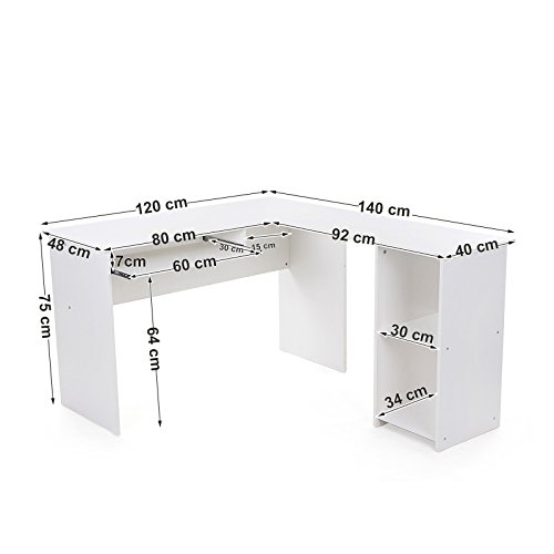 VASAGLE Escritorio de la Computadora Blanco Ordenador en Forma de L, Mesa esquinera para Casa Oficina, con 2 Estantes de Almacenaje,140 x 120 x 75 cm LCD810W