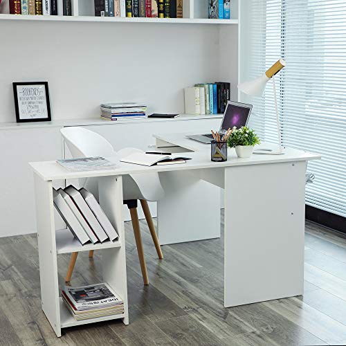 VASAGLE Escritorio de la Computadora Blanco Ordenador en Forma de L, Mesa esquinera para Casa Oficina, con 2 Estantes de Almacenaje,140 x 120 x 75 cm LCD810W