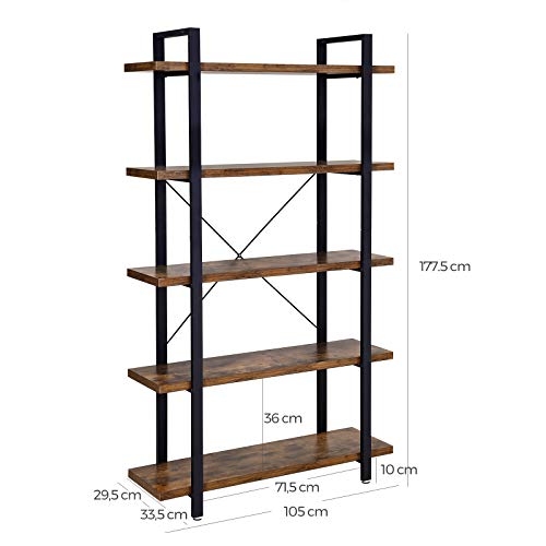 VASAGLE Estantería Industrial, Librería Estable de 5 Capas, Almacenamiento, Estantería de Pie, Fácil Montaje, Sala, Dormitorio, Oficina, Marrón Rústico LLS55BX