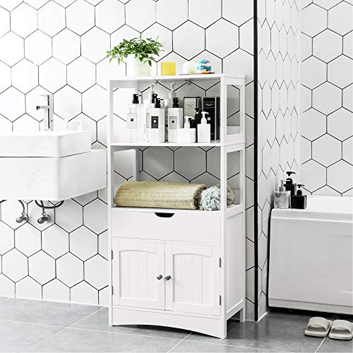 VASAGLE Gabinete de Baño con Cajón, Estantería Alta para Baño, Mueble de Baño Auxiliar con 2 Estantes Abiertos y Armario de Doble Puerta, para Entrada, Cocina, Sala de Estar, Blanco BBC64WT