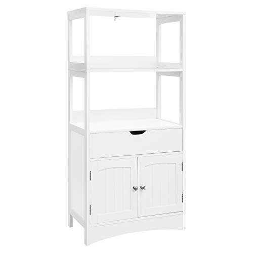 VASAGLE Gabinete de Baño con Cajón, Estantería Alta para Baño, Mueble de Baño Auxiliar con 2 Estantes Abiertos y Armario de Doble Puerta, para Entrada, Cocina, Sala de Estar, Blanco BBC64WT