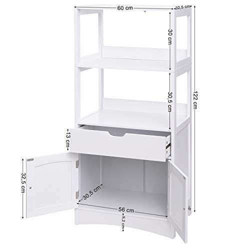 VASAGLE Gabinete de Baño con Cajón, Estantería Alta para Baño, Mueble de Baño Auxiliar con 2 Estantes Abiertos y Armario de Doble Puerta, para Entrada, Cocina, Sala de Estar, Blanco BBC64WT