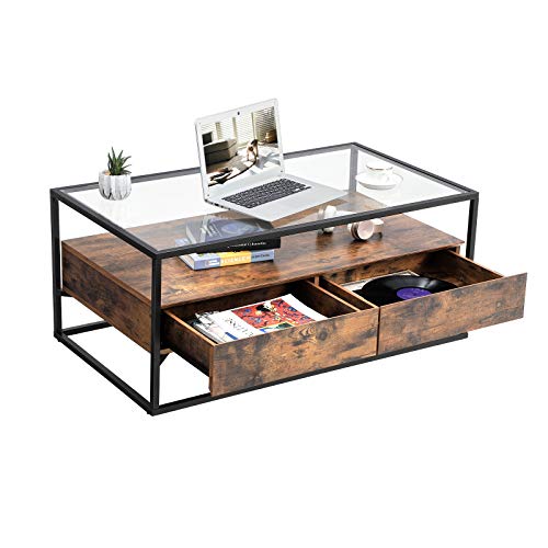 VASAGLE Mesa de Centro de Estilo Industrial, Mesa de Cristal con 2 Cajones y Estante, Mesa de Café Decorativa, para Sala de Estar, Marco de Hierro Estable LCT31BX