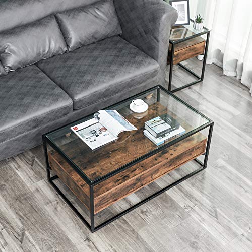 VASAGLE Mesa de Centro de Estilo Industrial, Mesa de Cristal con 2 Cajones y Estante, Mesa de Café Decorativa, para Sala de Estar, Marco de Hierro Estable LCT31BX